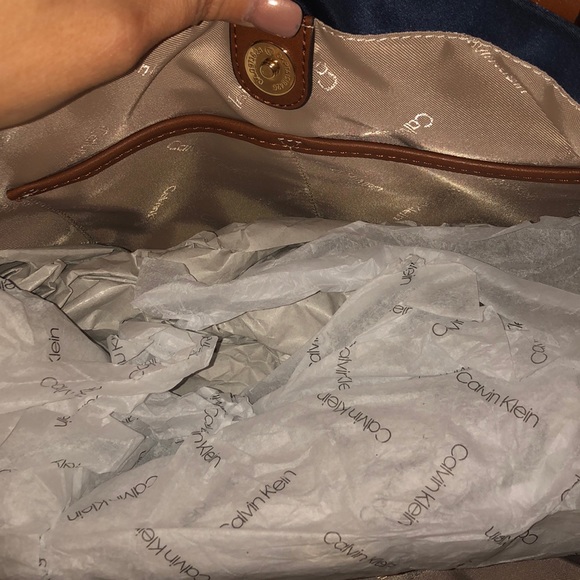 NWT Calvin Klein navy/brown satchel - Picture 5 of 6